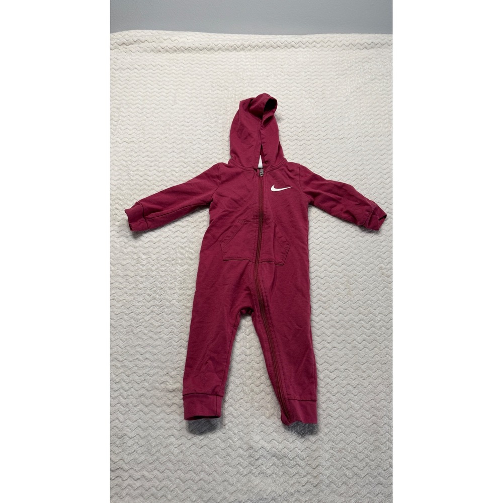 Nike Baby Hooded Full Zip Coverall Burgundy 12M Swoosh Logo Fleece Romper